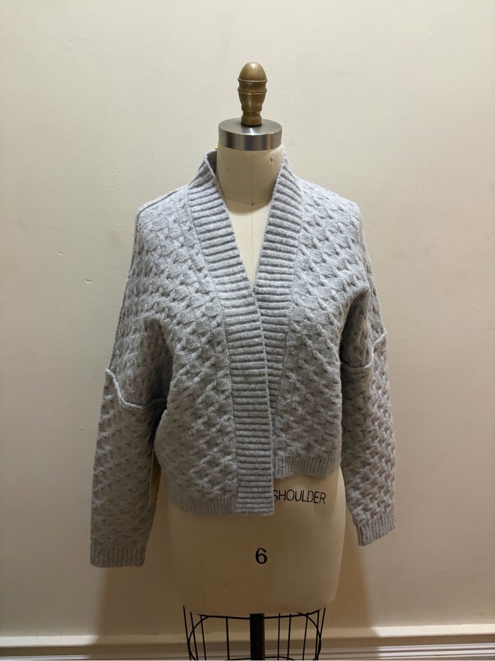 APRICOT Light Gray Cable Knit Shawl Collar Cardigan